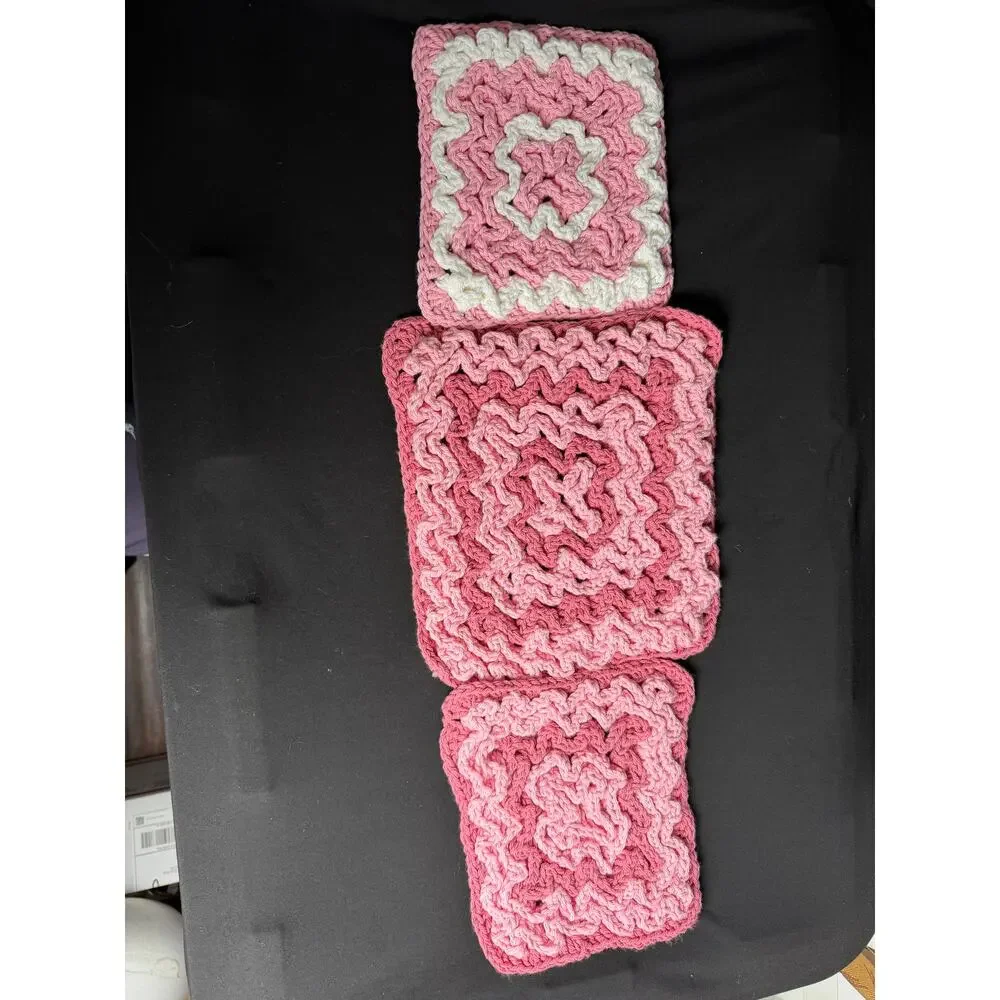 Set of 3 Pink Ruffle Crochet Hot Pads / Kitchen Trivets